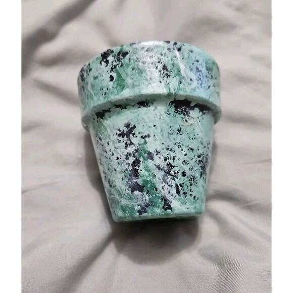 Cute Artistic Decor Candle In Green & Black Wash Clay Pot 3in X 3in - Picture 2 of 6